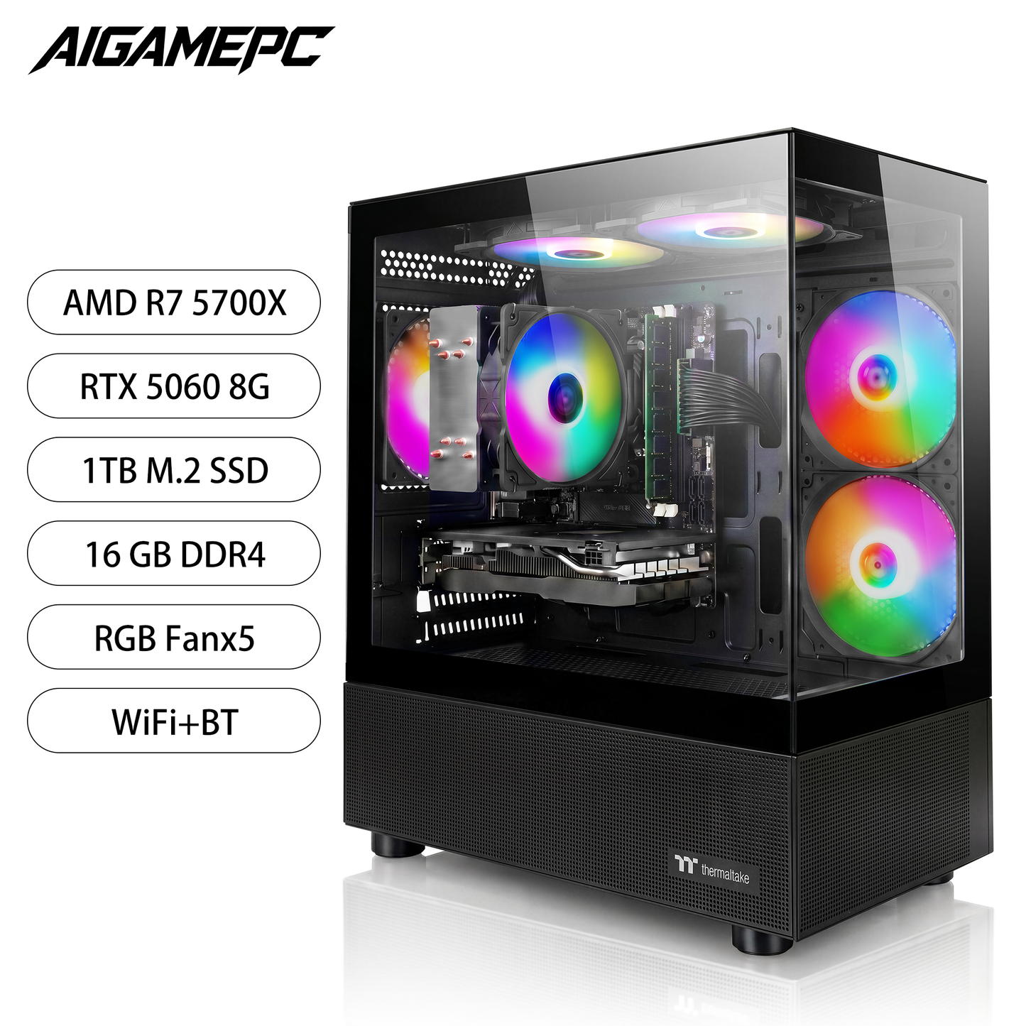 Gaming PC Desktop Computer, AMD Ryzen 7 5700X, GeForce RTX 5060 8G, 16GB DDR4 RAM, 1TB M.2 NVMe SSD, BX3 650W 80PLUS Bronze PSU, ARGB Fans, WiFi+BT, for Game Design and Office