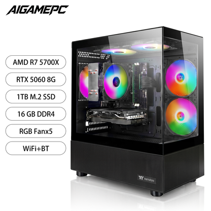 Gaming PC Desktop Computer, AMD Ryzen 7 5700X, GeForce RTX 5060 8G, 16GB DDR4 RAM, 1TB M.2 NVMe SSD, BX3 650W 80PLUS Bronze PSU, ARGB Fans, WiFi+BT, for Game Design and Office