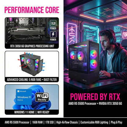 AIGAMEPC Gaming Desktop Computer, AMD R5 5500,RTX 3050 6G,16GB DDR4,512GB M.2 SSD, BX3 550W 80PLUS Bronze PSU, RGB Fan x5, WiFi Ready & Windows 11 Home, Black