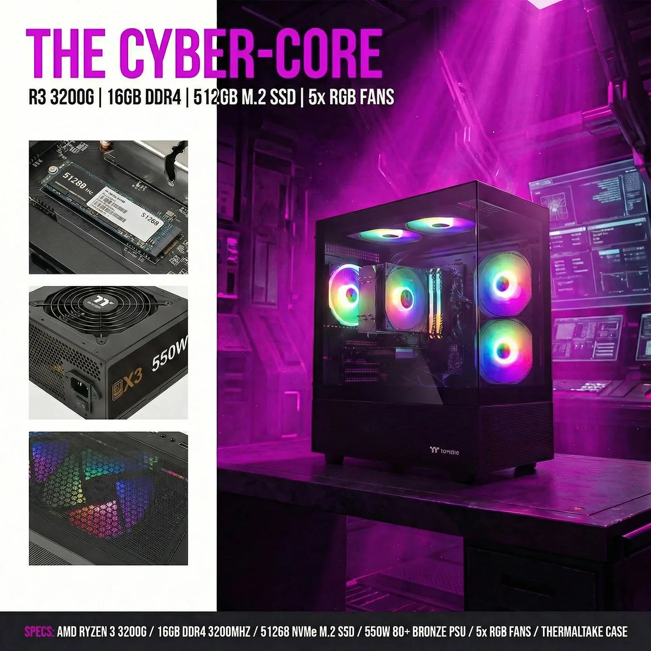 AIGAMEPC Gaming PC Desktop Computer,AMD R3 3200G, 16GB DDR4,512GB M.2 SSD, BX3 550W 80PLUS Bronze PSU, WiFi 5, RGB Fan x5, Windows 11 Home, Black