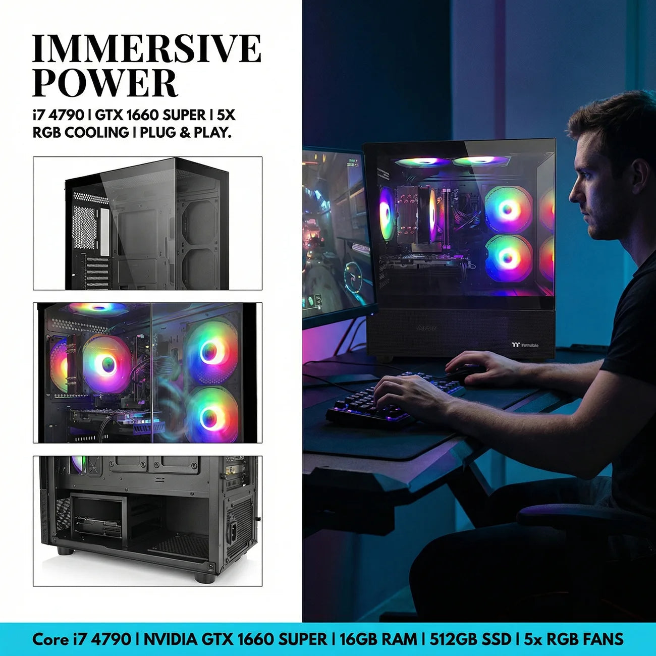 AIGAMEPC Gaming PC Desktop, i7 4790, GTX 1660 Super 6GB, 16GB DDR3, 512GB M.2 SSD, 550W 80PLUS Bronze PSU, WiFi 5, RGB Fan x5, Windows 11 Home