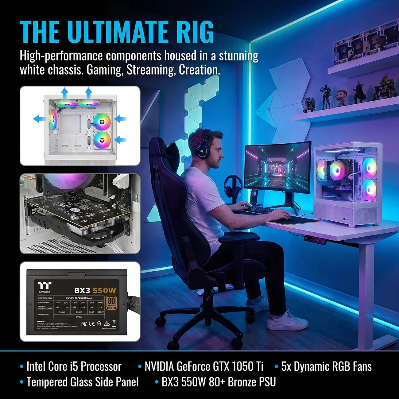 AIGAMEPC Gaming PC Computer Desktop, Core i7 4790, GTX 1050 Ti 4GB, 16GB DDR3, 512GB M.2 SSD, BX3 550W 80PLUS Bronze PSU, WiFi 5, RGB Fan x5, Windows 11 Home, White PC
