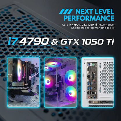 AIGAMEPC Gaming PC Computer Desktop, Core i7 4790, GTX 1050 Ti 4GB, 16GB DDR3, 512GB M.2 SSD, BX3 550W 80PLUS Bronze PSU, WiFi 5, RGB Fan x5, Windows 11 Home, White PC