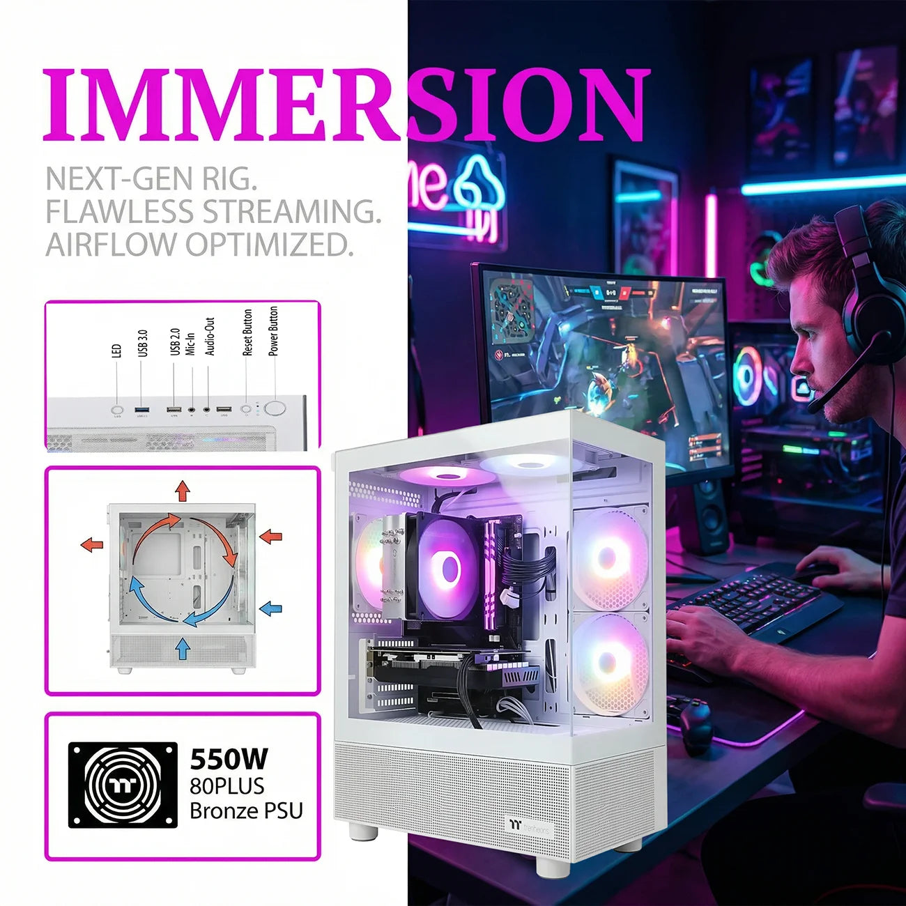 AIGAMEPC Gaming PC Desktop Computer, Intel Core i7 up to 4.0GHz, Radeon RX 580 8G, 16G RAM, 512GB M.2 SSD, BX3 550W 80PLUS Bronze PSU, WiFi 5, RGB Fan x5, Windows 11 Home