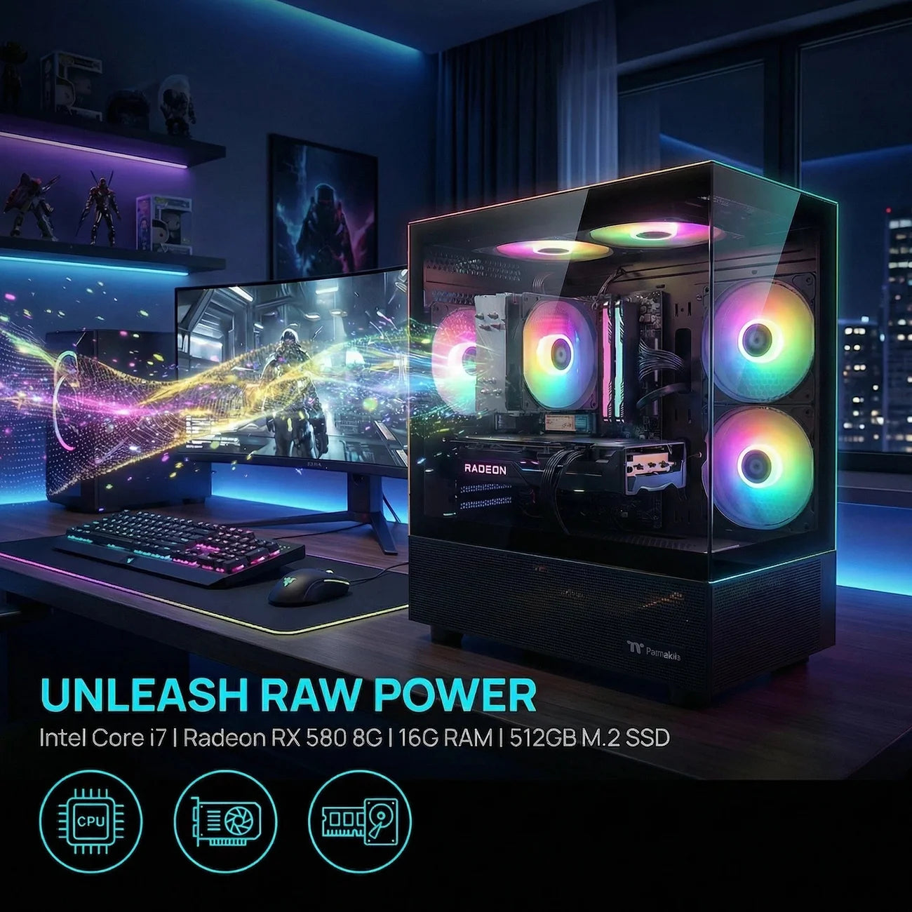 AIGAMEPC Gaming PC Desktop Computer, Intel Core i7 up to 4.0GHz, Radeon RX 580 8G, 16G RAM, 512GB M.2 SSD, BX3 550W 80PLUS Bronze PSU, WiFi 5, RGB Fan x5, Windows 11 Home,