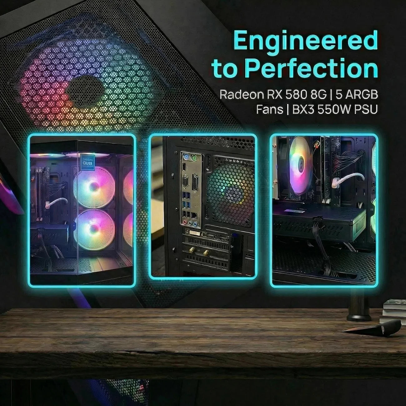 AIGAMEPC Gaming PC Desktop Computer, Intel Core i7 up to 4.0GHz, Radeon RX 580 8G, 16G RAM, 512GB M.2 SSD, BX3 550W 80PLUS Bronze PSU, WiFi 5, RGB Fan x5, Windows 11 Home,